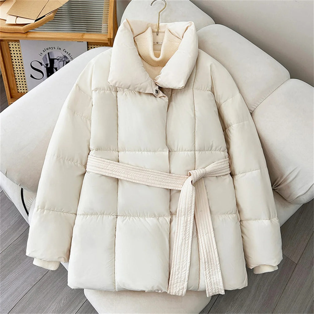 Winter Thick Stand Collar Puffer Jacket for Women – Tie Waist Short Parka Coat