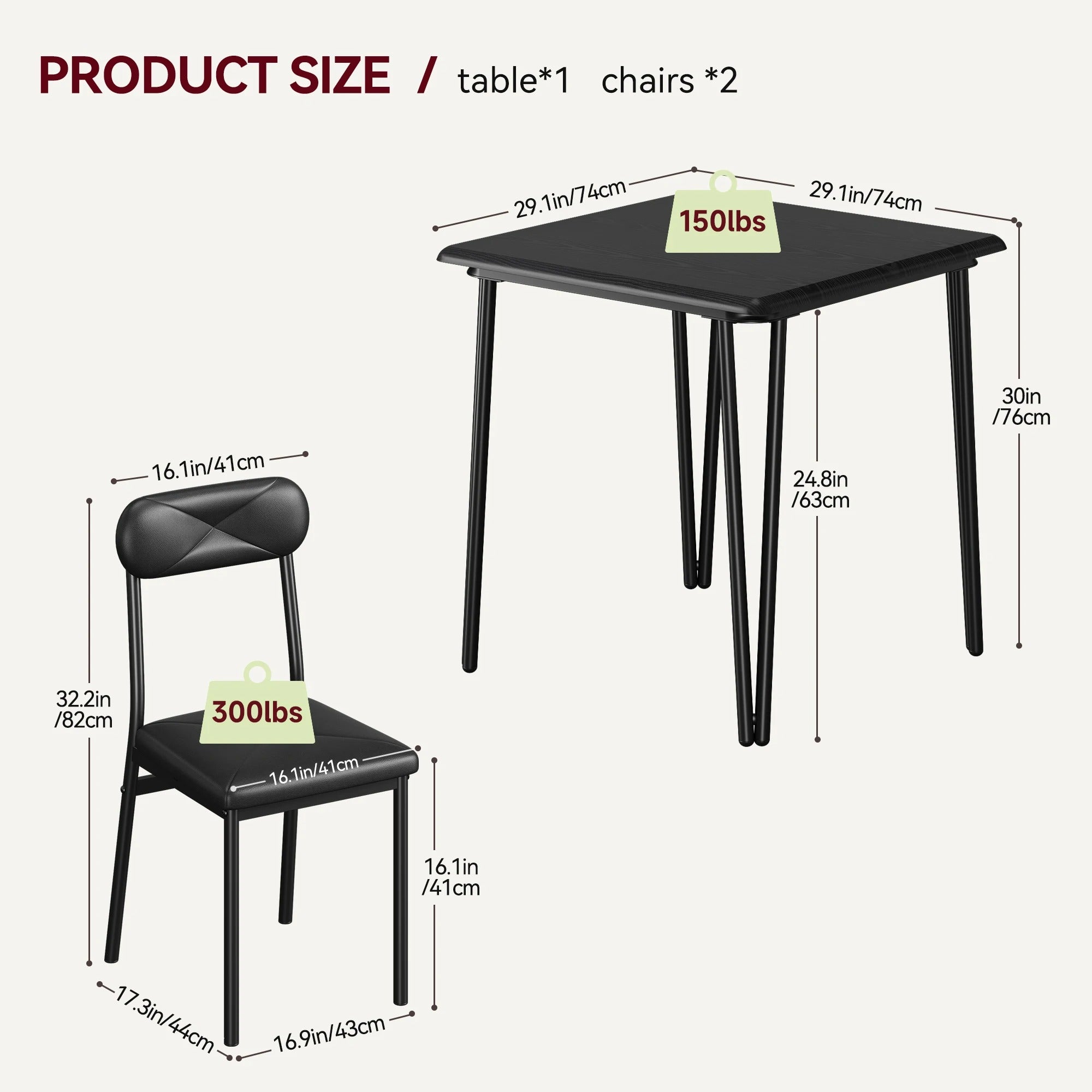 Eettafelset voor 2 – Vierkante keukentafel en gestoffeerde stoelen (3-delige set)